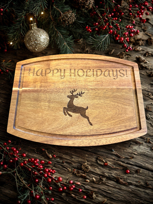 Acacia Serving Board "Happy Holidays"